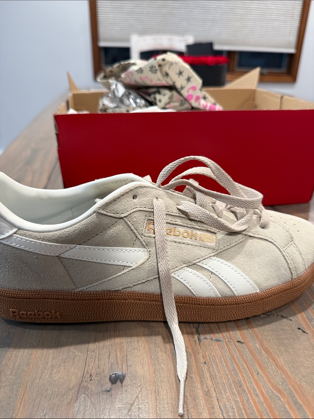 Reebok Suede Sneakers in Beige with White Stripes and Gum Sole